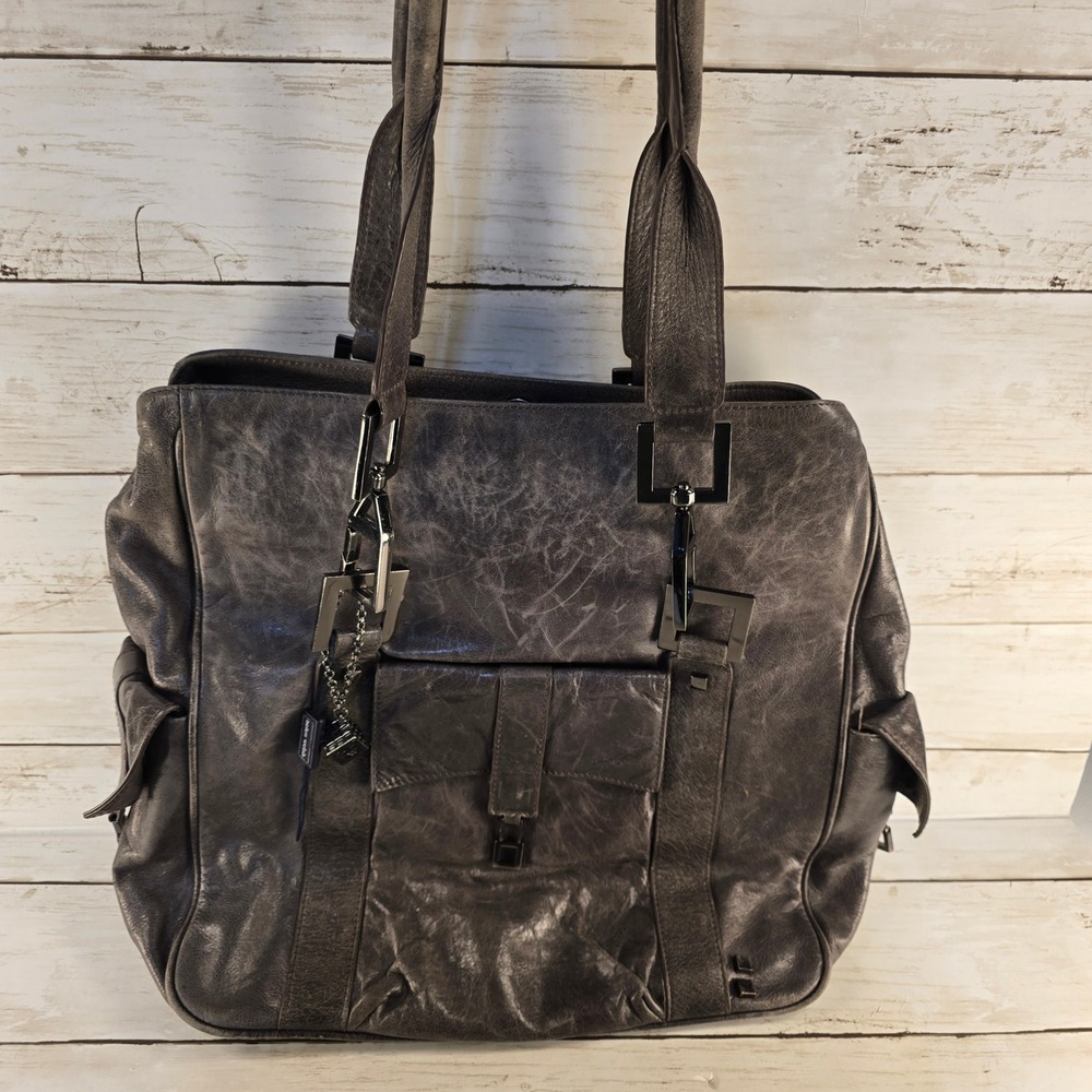 Helen‎ Welsh Gray Distressed Leather Tote Bag Gunmetal Hardware LRG Shoulder Bag